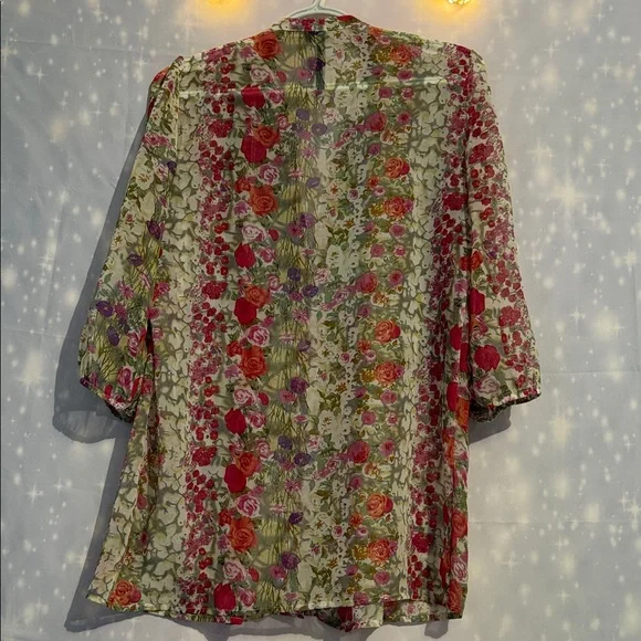 Floral Button-Front Women’s Top with Lace Panel - Pink & Green - Picture 6 of 6